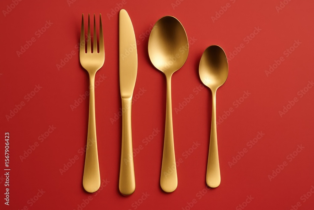 Golden cutlery wrapped in a crimson cloth Golden cutlery wrapped in a crimson cloth