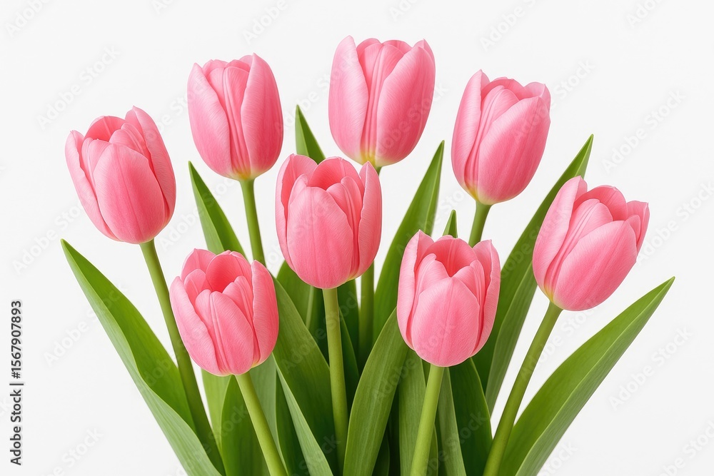 Vibrant pink tulips displayed against a plain white backdrop Vibrant pink tulips displayed against a plain white backdrop
