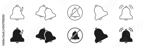 Notification Bell Icon Set. Alert, Mute, And Sound Indication Outline And Silhouette Symbol Collection. Includes Ringing, Silent, And Paired Bell Variations. Isolated Vector Illustration