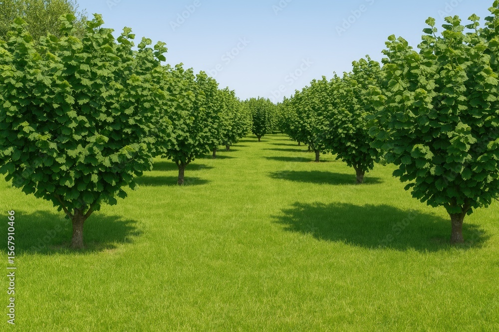 Backyard scene featuring a hazelnut tree surrounded by lush green grass Backyard scene featuring a hazelnut tree surrounded by lush green grass