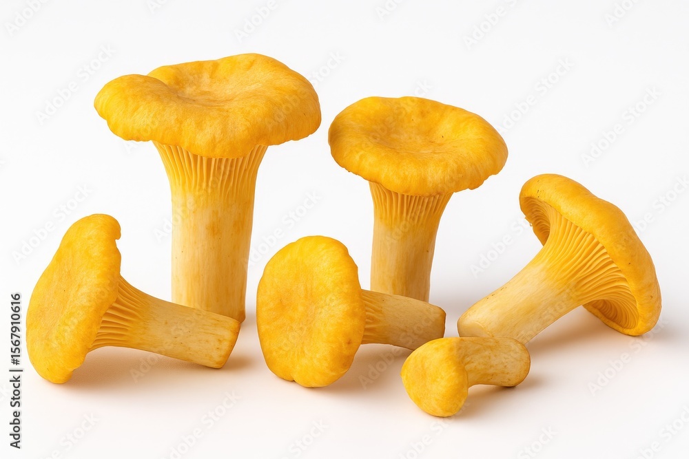 Vivid yellow chanterelle mushrooms on a plain white backdrop Vivid yellow chanterelle mushrooms on a plain white backdrop