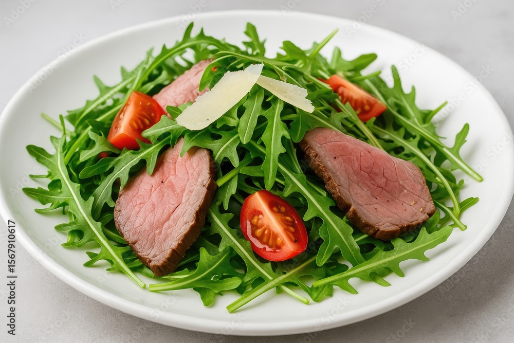 Vibrant and nutritious beef salad with fresh arugula and Parmesan cheese Vibrant and nutritious beef salad with fresh arugula and Parmesan cheese