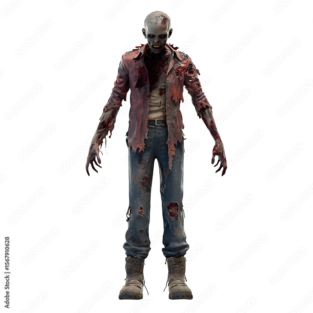 Fototapeta premium Zombie, decaying and gruesome, isolated on white background 