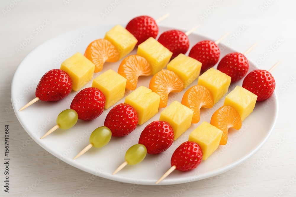 Assorted fresh fruit skewers served on a plate atop a table Assorted fresh fruit skewers served on a plate atop a table