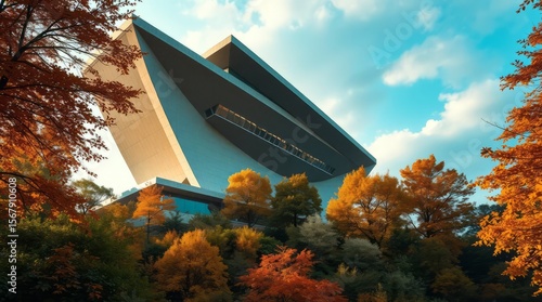 Modern Architecture in Autumnal Splendor: The majestic lines of a contemporary architectural marvel stand tall amidst the vibrant colors of autumn foliage under a brilliant blue sky.