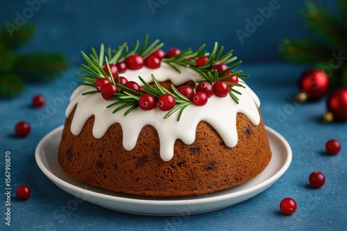 Wallpaper Mural Seasonal holiday dessert featuring a fruit cake or pudding adorned with glaze, rosemary, and cranberries against a blue backdrop. Classic winter bakery scene. Festive celebration setting. Torontodigital.ca