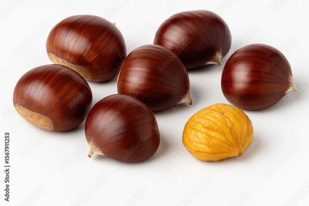 Freshly roasted peeled chestnuts on a white background Freshly roasted peeled chestnuts on a white background