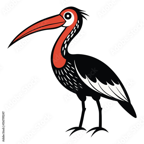 A bold, graphic illustration of a standing ibis, featuring a distinctive red neck and long, curved beak against a dark body. Ideal for various design projects.