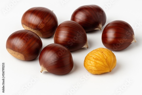 Freshly roasted peeled chestnuts on a white background