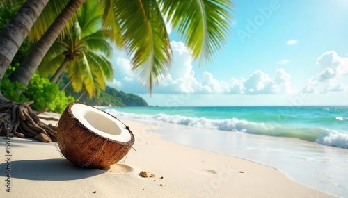 Wallpaper Mural Serene Tropical Beach Scene Swaying Palm Trees, Gentle Waves, Fallen Coconut, Peaceful Atmosphere ? Perfect for Relaxation and Travel Torontodigital.ca