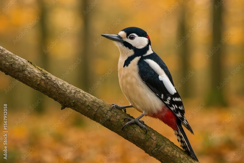 Fototapeta premium Autumn scene featuring a colorful woodpecker perched on a tree limb in a lush forest