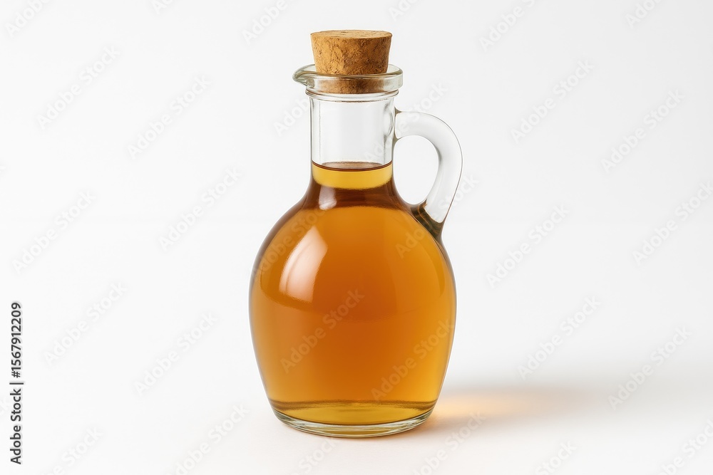Clear glass container filled with apple cider vinegar against a plain white backdrop Clear glass container filled with apple cider vinegar against a plain white backdrop