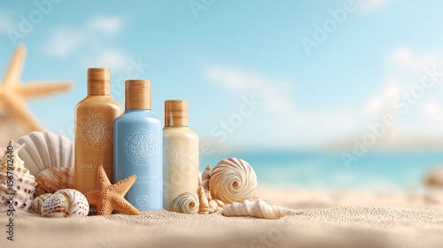Elegant skincare product bottles arranged on sandy beach with seashells against serene seascape