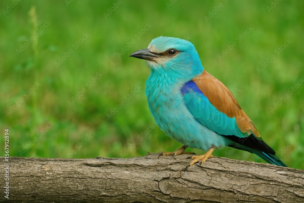 Obraz premium European roller perched on a fallen log
