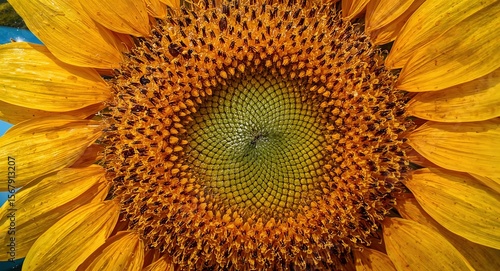 A close up of a sunflower showing the spiral pattern of the seeds and the yellow petals around it