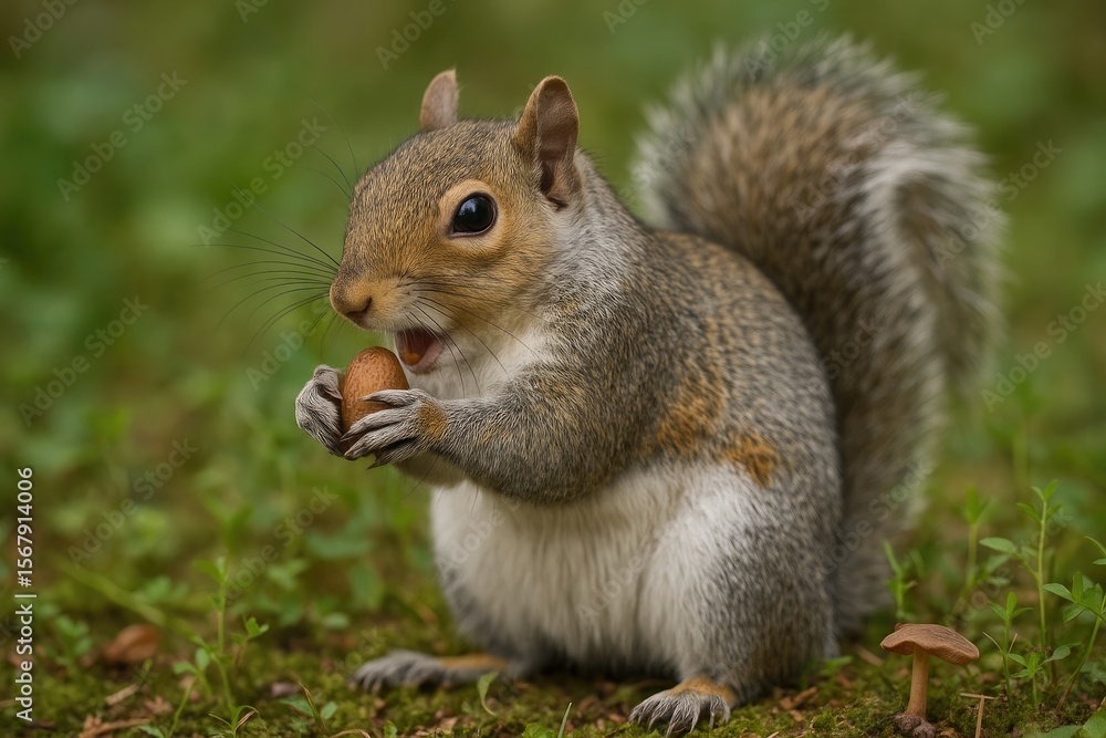 Grey squirrel foraging for snacks in the wild Grey squirrel foraging for snacks in the wild