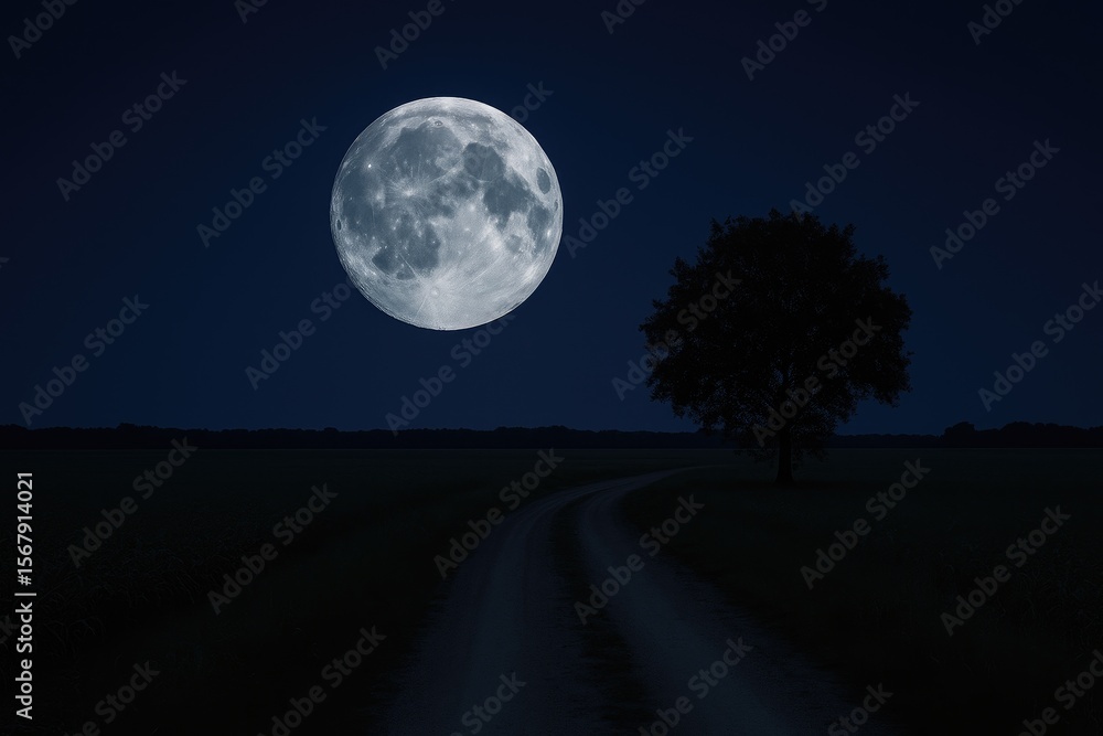 Fototapeta premium A luminous full moon casting its glow over a tranquil blue sky and a quiet countryside road