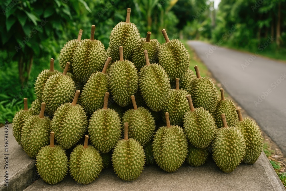 Fototapeta premium Garden-fresh durian available for purchase, the fruit royalty