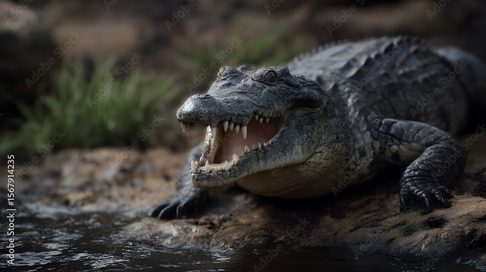 Fototapeta premium A crocodile resting with open mouth near river edge in daylight