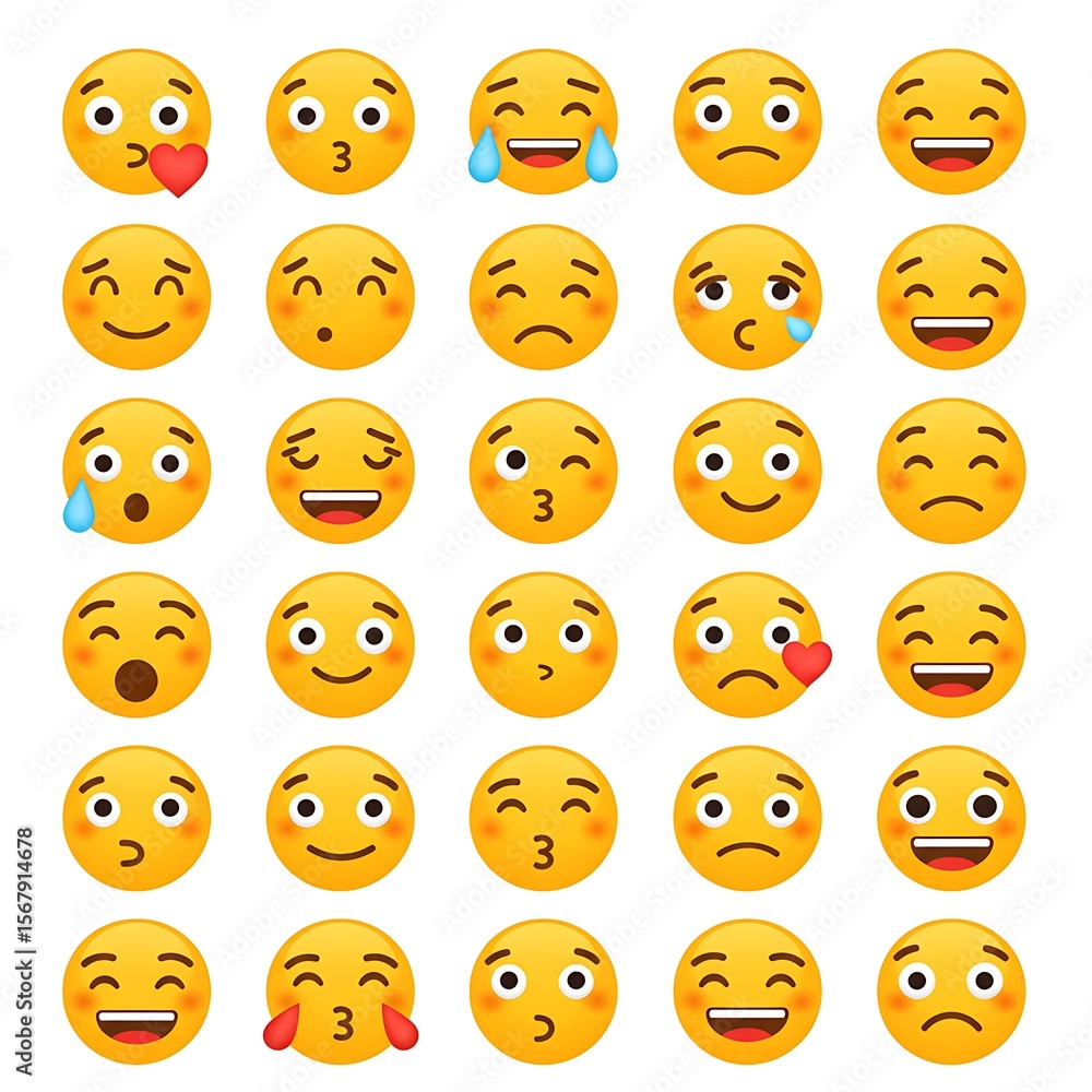 Fototapeta premium Collection of Cute Emoji Faces with Various Expressions on White Background