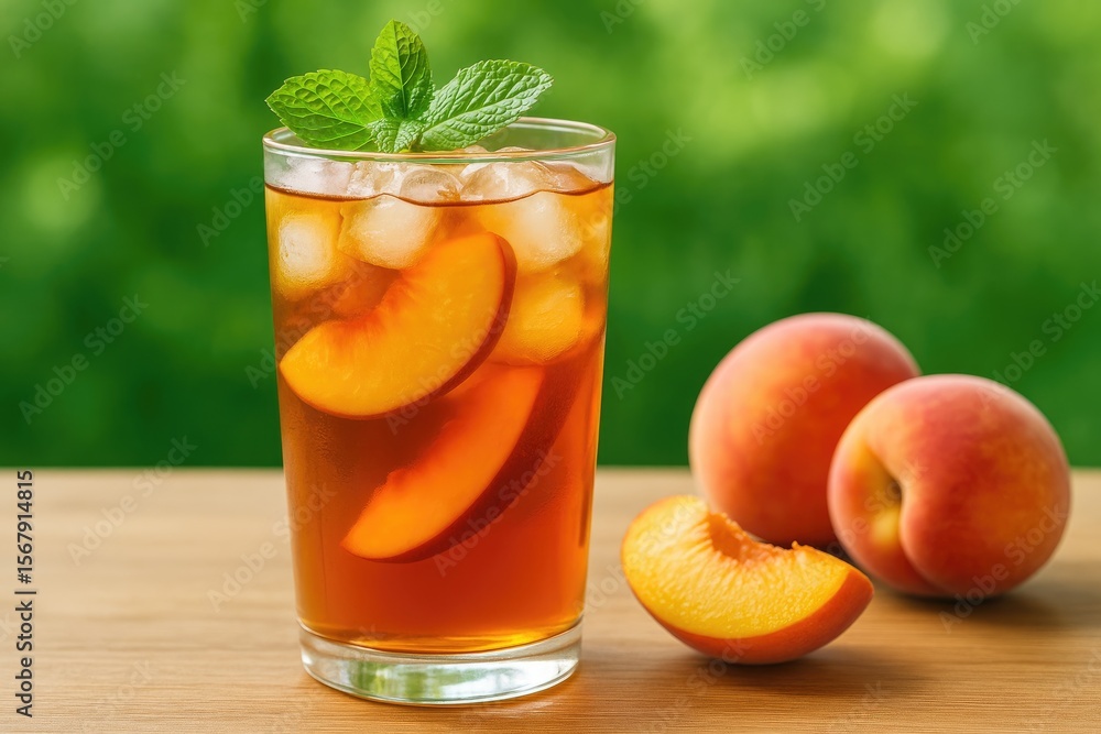 Fototapeta premium Refreshing chilled peach-flavored iced beverage in a glass