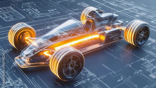 Wireframe model of a race car on a blueprint.