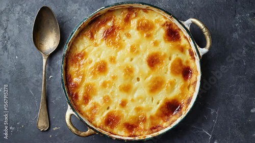 French gratin dauphinois, Close-up of creamy potatoes with a golden crust, Rich yellows and browns, Savory and comforting
