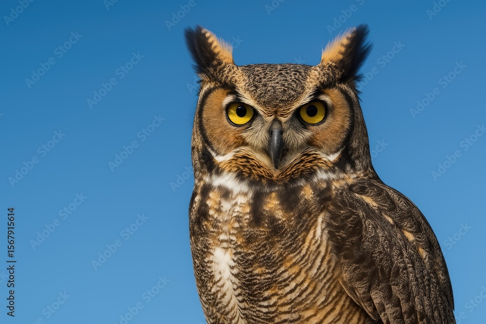 Obraz premium Majestic Owl with a Clear Blue Sky Backdrop
