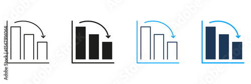 Bar Chart Decline Line And Solid Icon Set. Financial Loss, Economic Downturn, And Business Performance Decrease Symbol Collection. Data Analysis And Market Trends. Isolated Vector Illustration