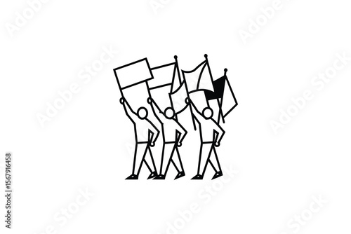 Minimalist Illustration of People Protesting with Flags in Black and White