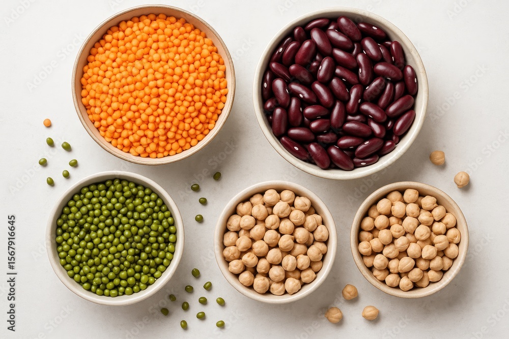 Variety of legumes and beans served in bowls including lentils, mung beans, and chickpeas on a light backdrop. Overhead shot with space for text. Nutritious plant-based protein options. Variety of legumes and beans served in bowls including lentils, mung beans, and chickpeas on a light backdrop. Overhead shot with space for text. Nutritious plant-based protein options.