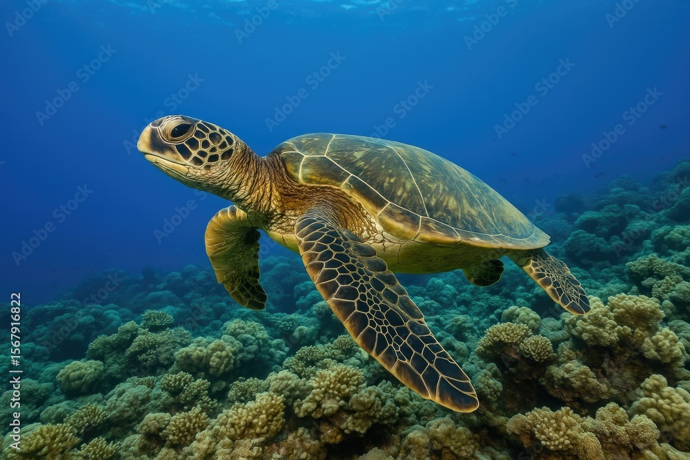 Obraz premium Marine Turtle Gliding Above a Vibrant Coral Garden