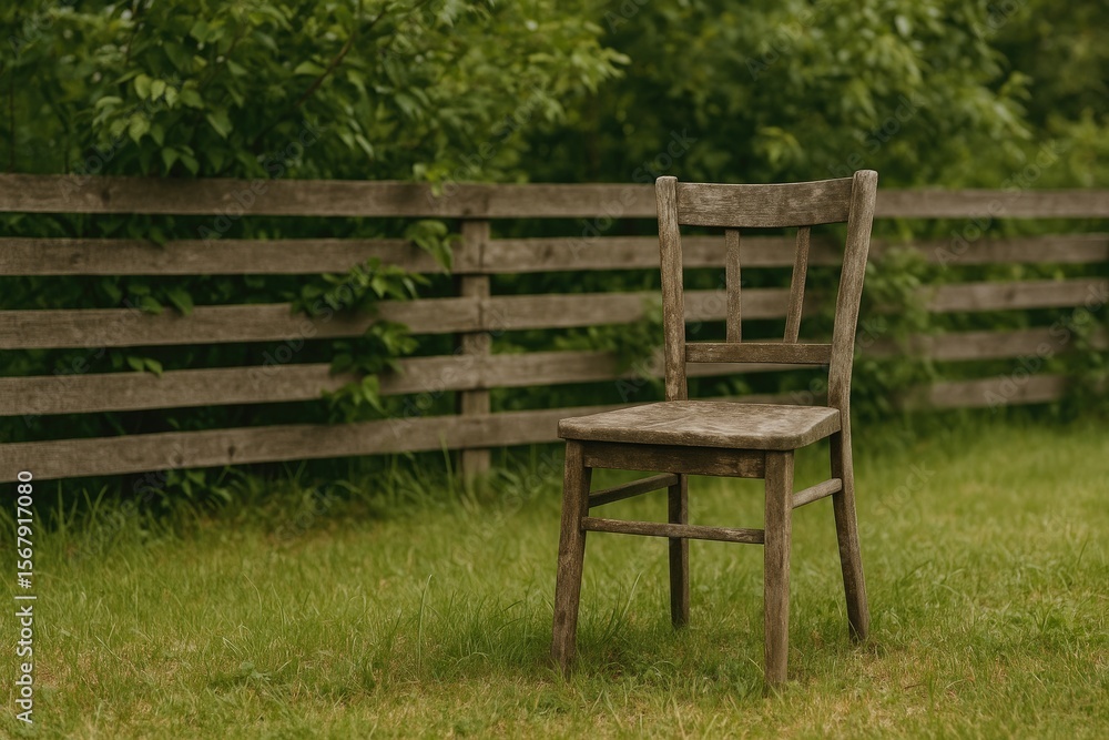 Worn-out chair beside a wooden fence with foliage, symbolizing loss and mourning Worn-out chair beside a wooden fence with foliage, symbolizing loss and mourning