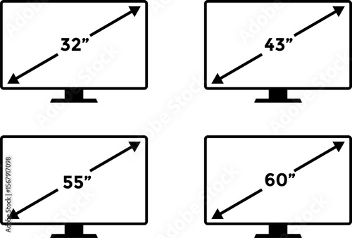 smart tv screen sizes icon set. 32, 43, 55,60 inches. Display Screen Symbol. Computer monitor. Screen inches size. mass category of laptops
