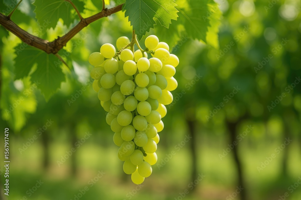 Fototapeta premium Vibrant green grapes growing on a vineyard