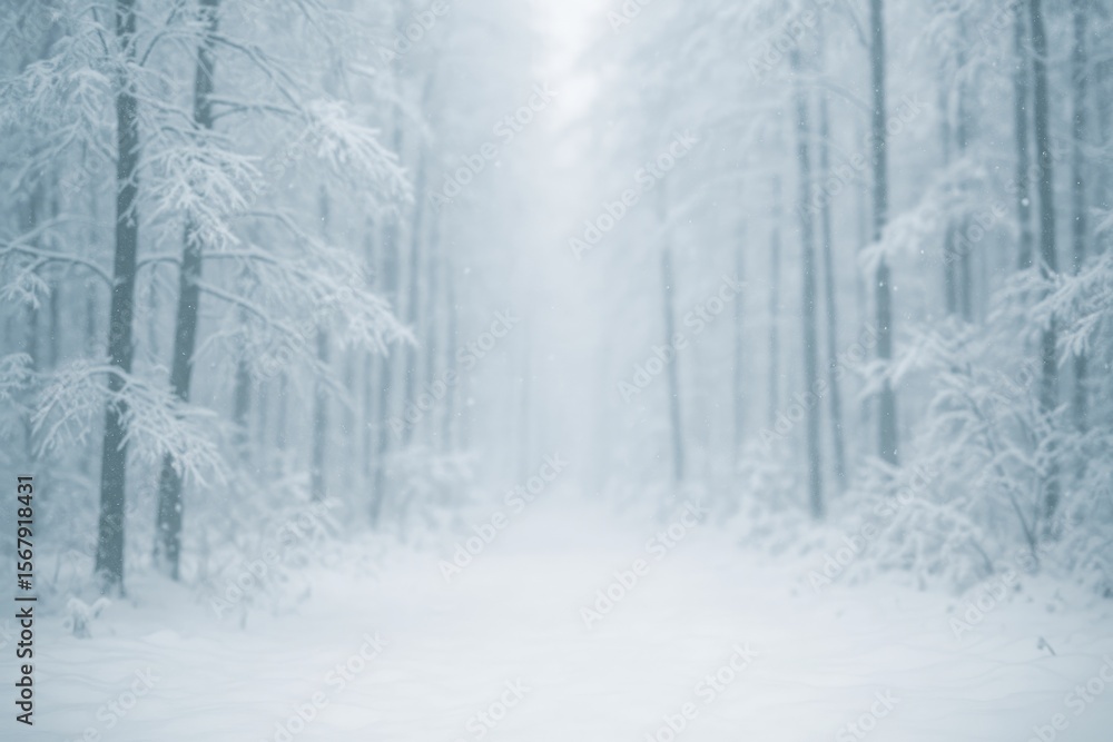 Fototapeta premium Winter scene featuring snow-laden trees and a softly blurred forest backdrop