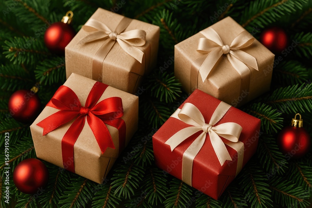 Festive gift boxes adorned with holiday greenery and ornaments in a detailed close-up Festive gift boxes adorned with holiday greenery and ornaments in a detailed close-up