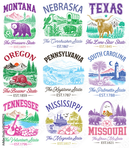 set of Us States T-shirt Vector, American State Cityscape Illustration, Vintage Retro State Cityscape Shirt, States Landmark sayings, USA City Skyline Clipart