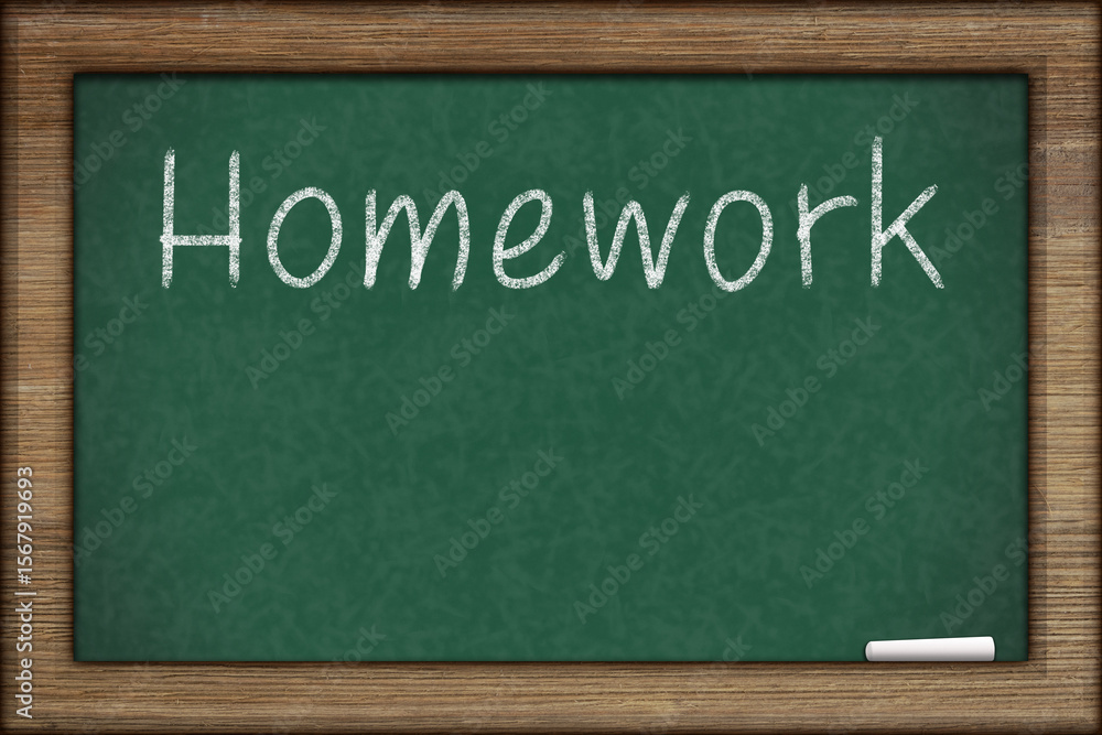 Fototapeta premium Homework written on a green chalkboard
