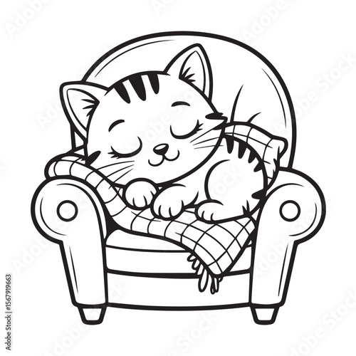 A cute tabby kitten sleeps soundly in an armchair, covered by a cozy blanket, isolated on white background