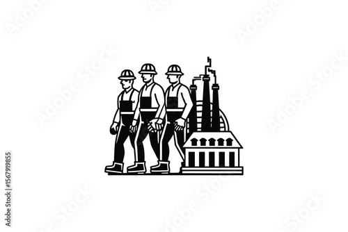 Industrial Workers with Factory Outline Illustration in Black and White Style