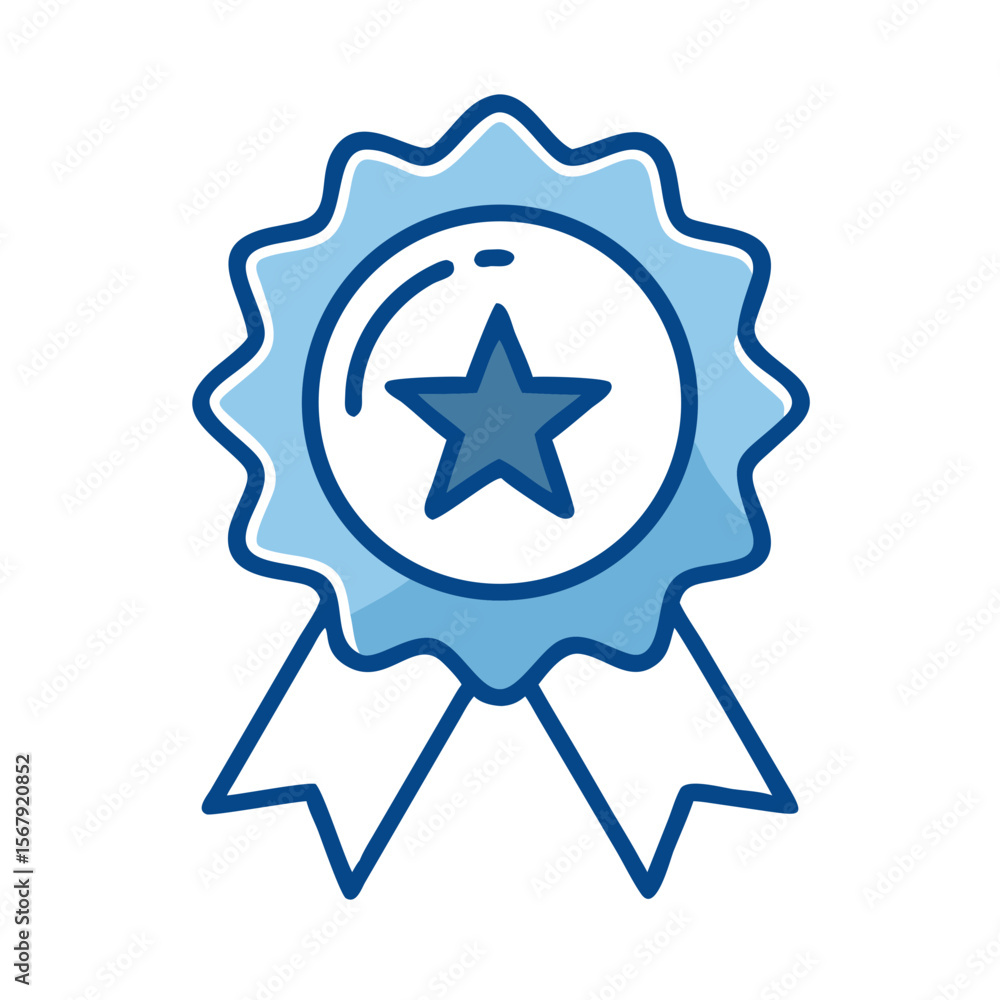 Award badge with star and ribbon in blue outline style Award badge with star and ribbon in blue outline style
