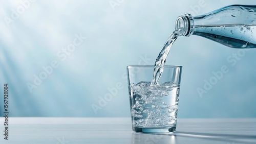 Wallpaper Mural Close-up shot of water being dispensed from a transparent bottle into a glass with ice cubes, highlighting crispness and hydration in a stylish, sunlit setting with abstract shadows Torontodigital.ca