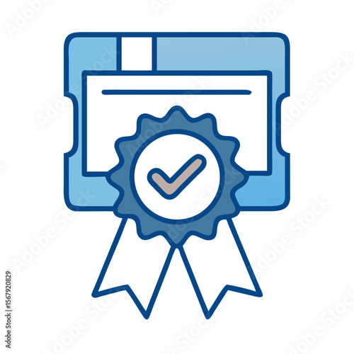Certificate badge with check mark and ribbon in blue outline style  