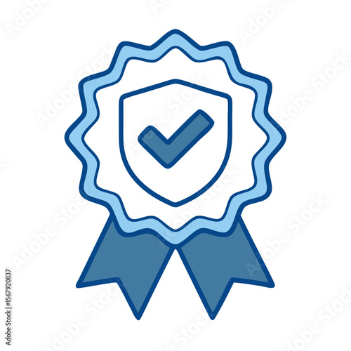Award ribbon with shield and check mark in blue tones  