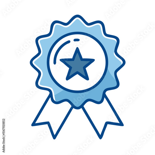 Award badge with star and ribbon in blue outline style  