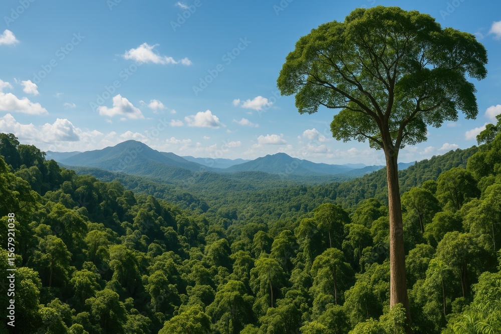 Fototapeta premium Lush tropical rainforest scene under clear blue skies with towering trees and mountain backdrop