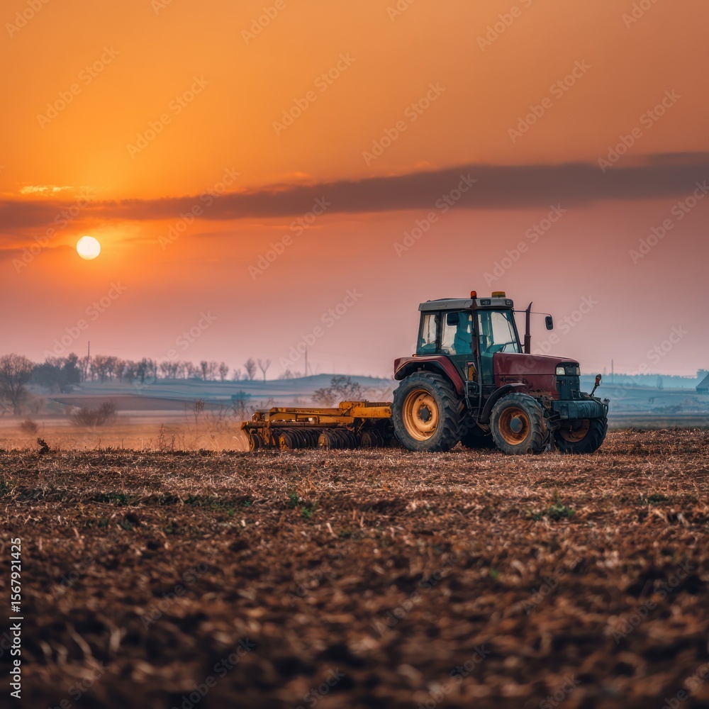 Obraz premium Tractor plowing field at sunset