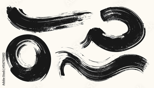 Set of abstract black ink brushstroke elements on white background, hand-drawn grunge paint textures for design