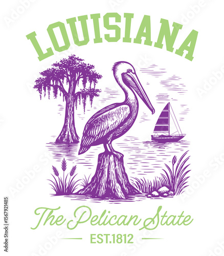 Louisiana The Pelican State - Us States T-shirt Vector, American State Cityscape Illustration, Vintage Retro State Cityscape Shirt, States Landmark sayings, USA City Skyline Clipart
